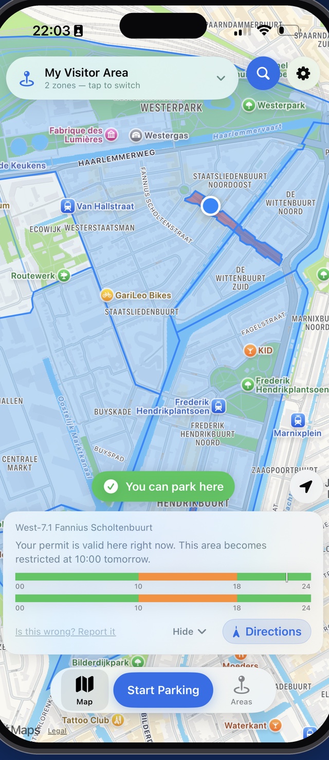 Parkova map screen showing a green 'You can park here' verdict in Amsterdam