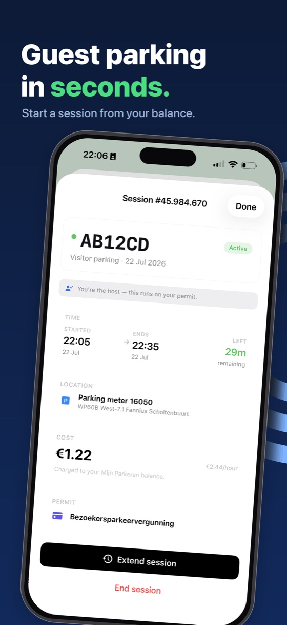Active guest parking session with live cost